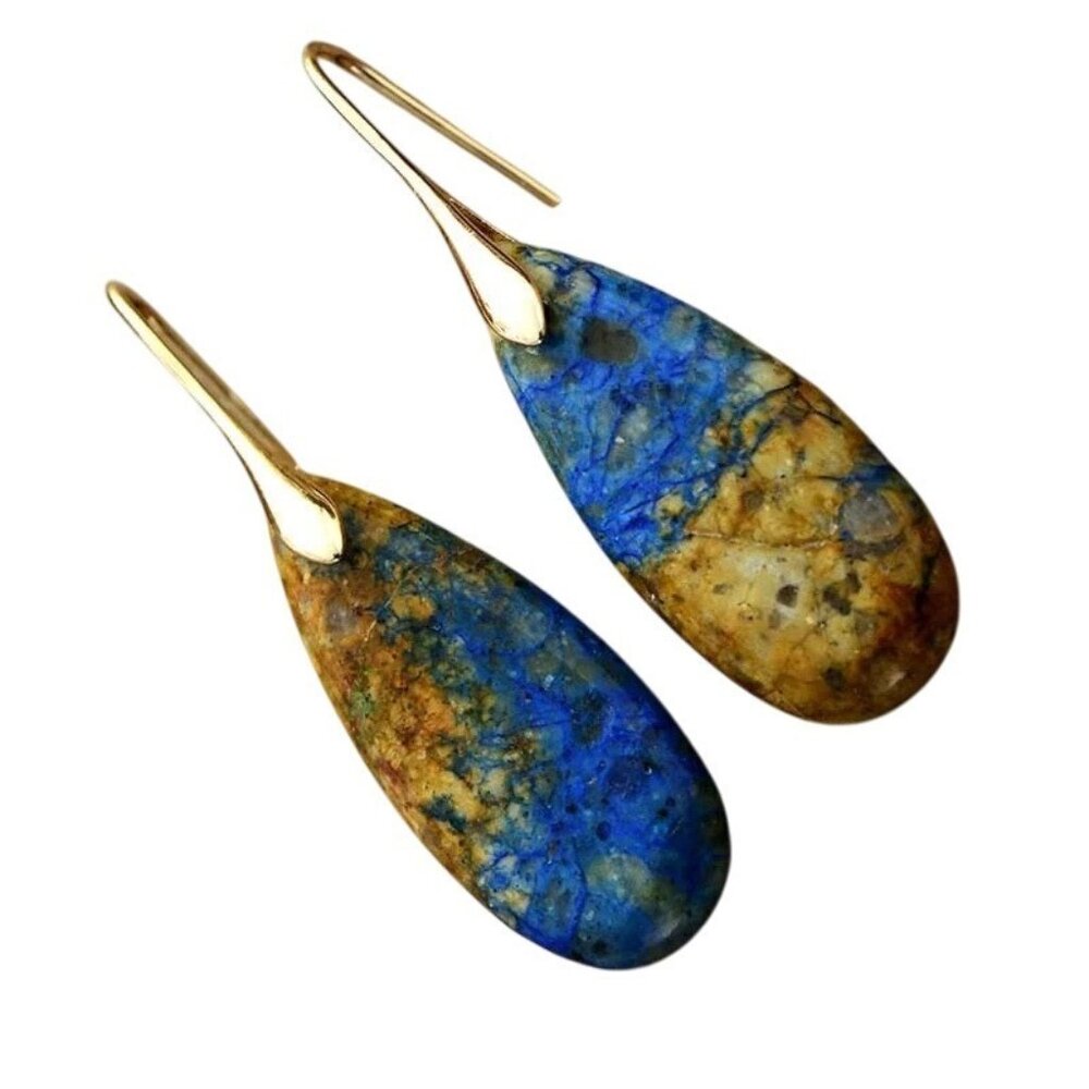 2/24 Retro Water Droplets Natural Stone Blue Khaki Gold Stone Drop Earrings - Picture 3 of 4